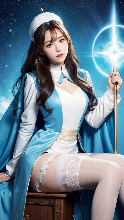 Female Pope，Light blue clothes，Have a magic wand，Hair color is brown、Visible from one thigh、Sister、Long Hair、whole body、Wizard，Wearing white stockings