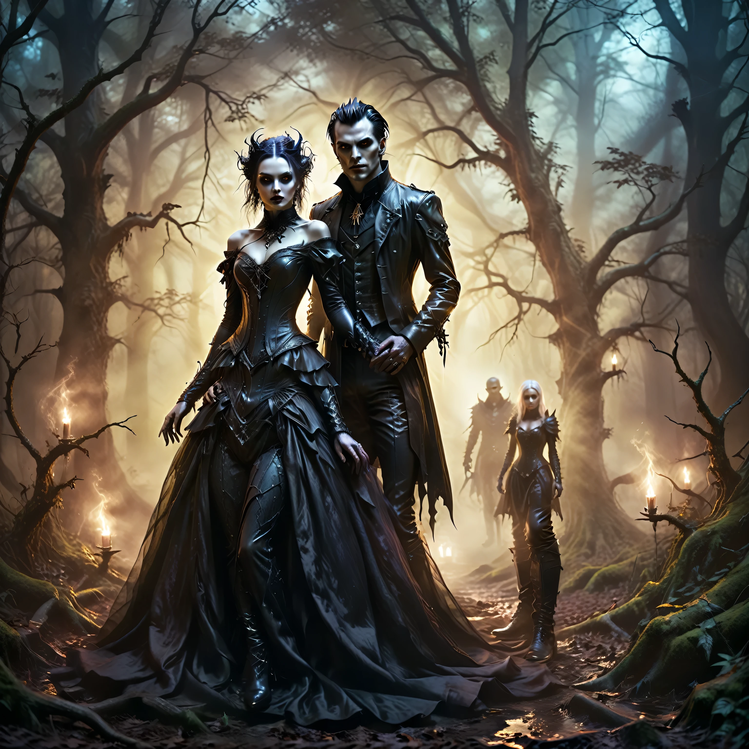 Full body shot of a gothic couple in a dark forest with a glowing background, gaze at the camera, gothic romance, surreal dark fantasy, gothic fantasy, dark and gothic, dark fantasy style, gothic fantasy art, vampires fantasy, seductive cyberpunk dark fantasy, fantasy dark art, gothic and futuristic, dark and horror style, gothic art style, dark fantasy mixed with realism, dark fantasy style art, in style of dark fantasy art