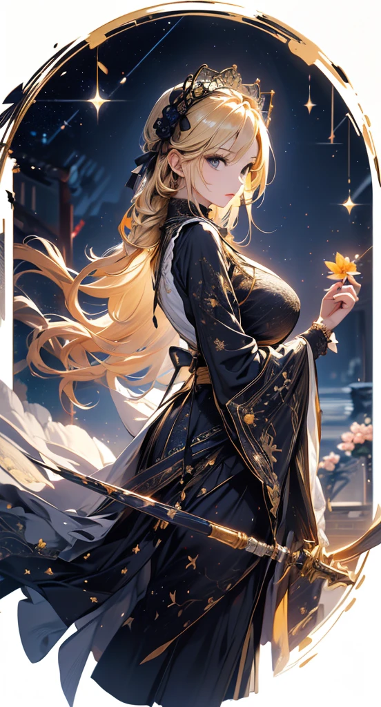 masterpiece, high quality, 4K, Beautiful design, silhouette,blonde, 非常に詳細な夜のStarry Sky,Flower Field, wonderful, Finer details, Very knowledgeable woman, Highly detailed solo, 1 female,Big Breasts,Gothic Lolita Fashion,Night view,Starry Sky,full moon,