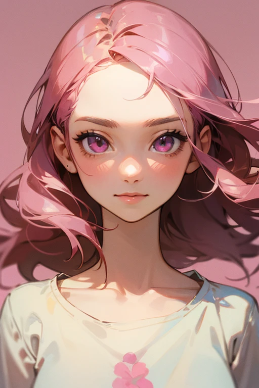 (masterpiece),(highest quality:1.1),(Super detailed),Best illustrations,In detail,(Portraiture:1.1),(Intense close-up),Watercolor)floating,One girl,alone,13 years old,slim,(Very delicate and beautiful face),(fine pink eyes),Pink thick lips,(Disheveled Hair),(Wearing a loose T-shirt),Soft and lazy,(Simple Background:1.2)Overall colored background,clear,4K、A kind smile、