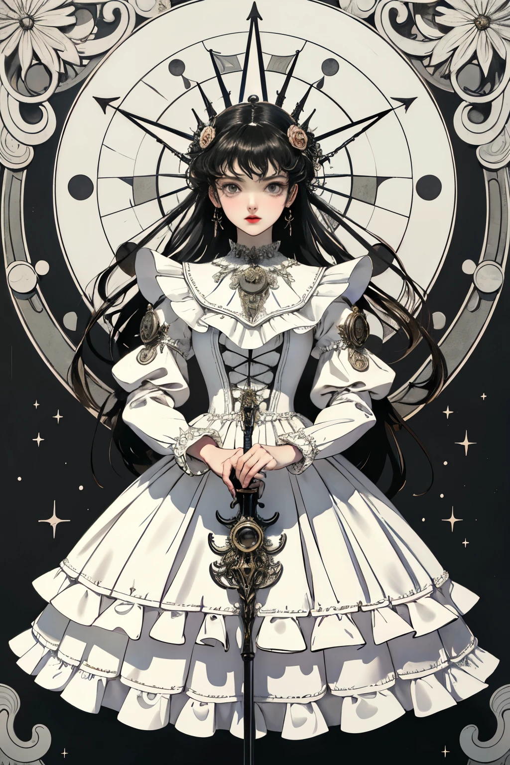 ((best quality)), ((masterpiece)), (detailed), perfect face ((best quality)), ((masterpiece)), (detailed), blank white background, plain background, white background, Bloodborne inspired,  occult aesthetic, occult, detailed and intricate steampunk and detailed gothic, (zentangle, mandala, tangle, entangle),  NSFW, torn clothing, Very dramatic and cinematic lighting, cosmic horror, grim-dark, side-lighting, perfect face, a beautiful goddess adorned and enshrined in armour, Bloodborne inspired , occult aesthetic , occult , detailed and intricate steampunk and detailed gothic , holding a spear or lance, NSFW, Fluttering lace flared short dress with frilly petticoats, knee length dress, pleated petticoats, lolita dress, petticoats gothic lolita, side-lighting, gothic lolita aesthetic, beautiful small breasts, small breasts, full body, whole body, body, plain background, white background, blank background, no background, white background NSFW, full body, whole body, head-to-toe
