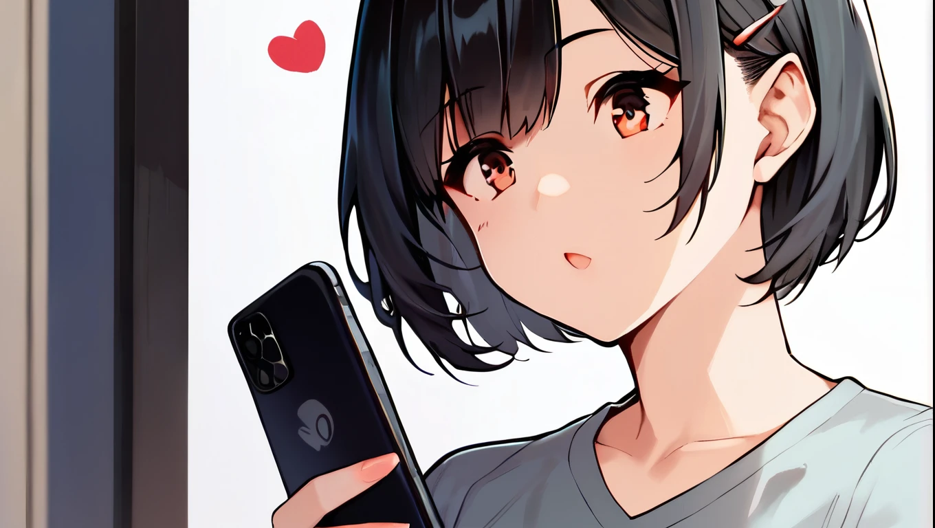 score_9, score_8_superior, score_7_superior, Cowboy Shot, One girl, smartphone, amount, Hair Clip, Voice of the Heart, Black Hair, bangs,
,