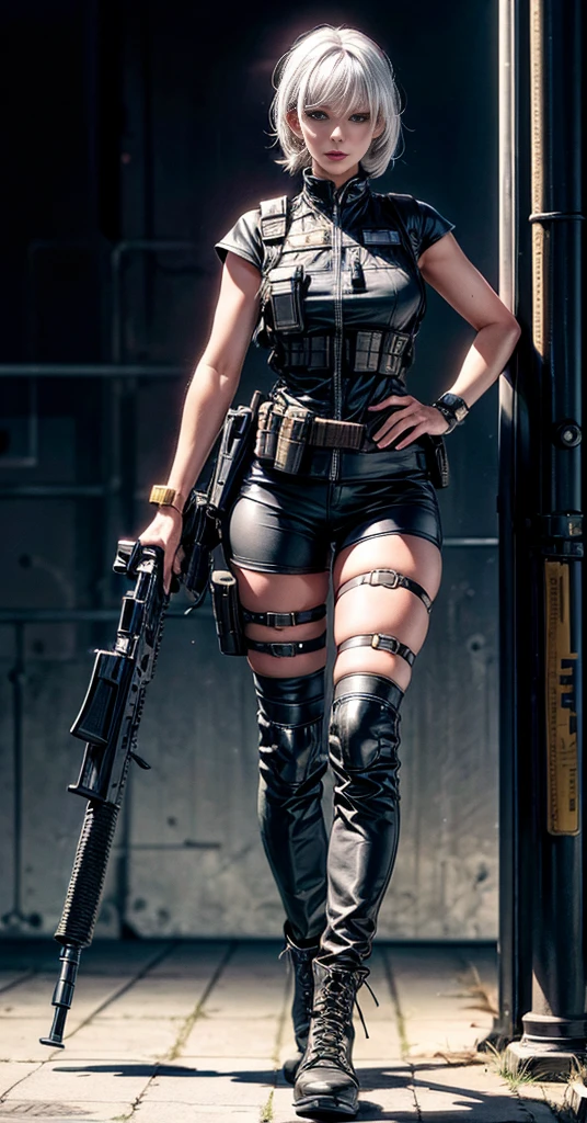 Photorealistic, high resolution, 64K,Extremely, 1womanl, Solo, combat action, view the viewer, (Detailed face), White hair,black SWAT vests, automatic rifle Gun, jewelry,detailed boots, detailed fingers, perfect details anatomy, Full body shot,