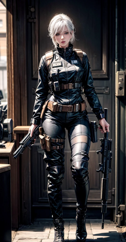 Photorealistic, high resolution, 64K,Extremely, 1womanl, Solo, combat action, view the viewer, (Detailed face), White hair,black SWAT vests, automatic rifle Gun, jewelry,detailed boots, detailed fingers, perfect details ???????, Full body shot, 