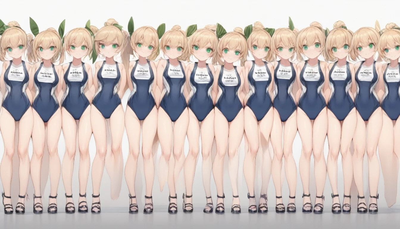 Short stature,flat chest, clone girls, blond hair, green eyes,swimsuit roll(mega man x dive old design) clones,high ponytail hair,Sleeveless navy one piece school swimsuit with white stripes from armpit to flank,white name tag, navy heeled sandals, green ribbon,human appearance,same height,same appearance, same face,fill the entire image, absolutely everyone, many clone, masterpiece, best quality,insanely detailed, 20000+ clone girls, perfect features,multiple clone girls,same school swimsuit,same hair