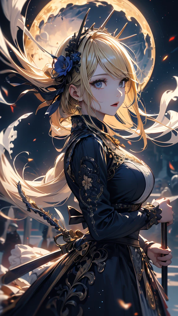 masterpiece, high quality, 4K, Beautiful design, silhouette，blonde， 非常に詳細な夜のStarry Sky,Flower Field， wonderful, Finer details,  Very knowledgeable woman, Highly detailed solo, 1 female,Big Breasts，Gothic Lolita Fashion，Random Pause，Night view，Starry Sky，full moon，