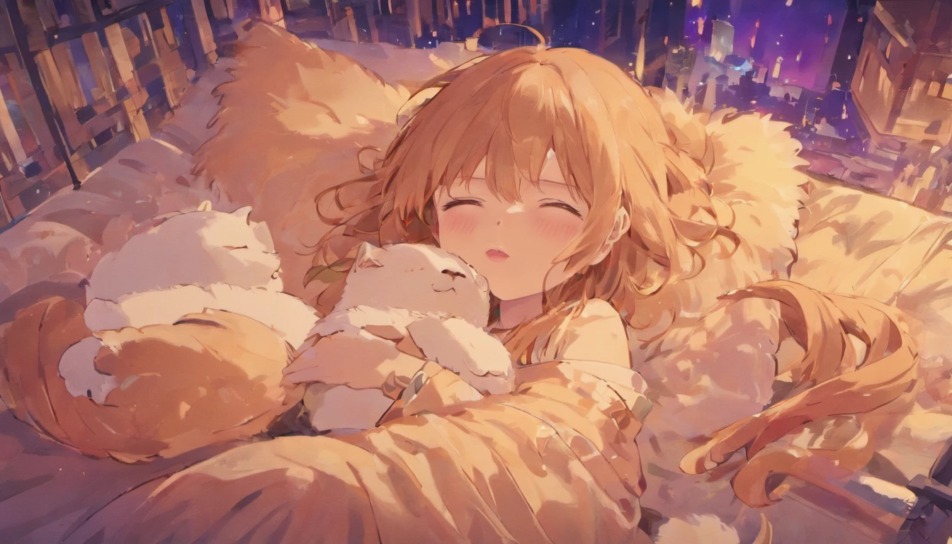 there is a cat on it,  Sleeping on your back, On a fluffy blanket, Sleeping cat