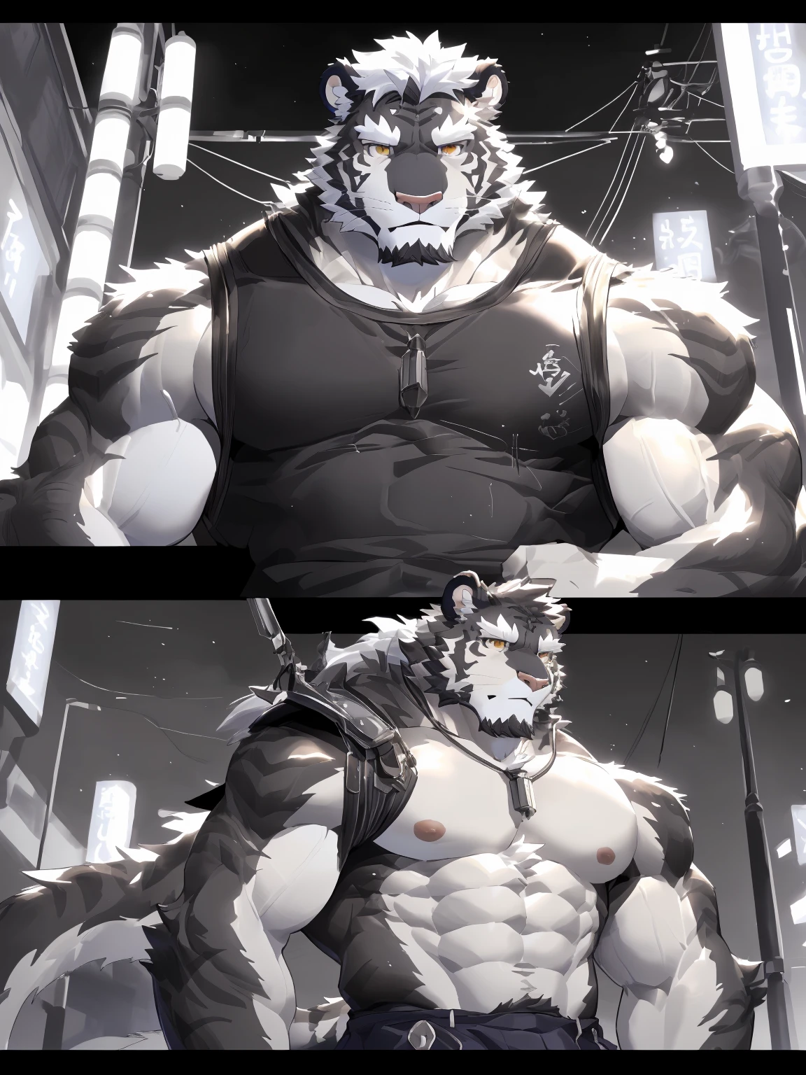 (White skintiger),(上Half Body赤膊:1.7),(clothing:1.4),(great gesture),Stand calmly,(Background is street lights:1.5),(abdominal muscles),Heroic飒爽,完美的masterpiece,Various facial details,Close-up view,specific description,masterpiece,(CG),(Golden Eyes),black and white pattern,Black and white tail,General,Heroic,tiger,Black and white fur，Specific facial details,Half Body,,(Chang Ling),((middle aged)),(Face focus),(16K),(HD),Black and white belly，temple，beard,(Facial lines),(Different students,),(Black and white hair),(Strong:1.2),(muscle:1.3),(high resolution:1.3),(close up),(Delicate face:1.5)，Perfect details,(Half Body),(Detailed depiction of face:1.5),(Zoom in on the face:1.5),(白色Facial lines:1.2),(黑色beard:1.3),(white face:1.6),(White body),(White skin,black bars:1.3),(Fair cheeks:1.5),(Facial complexion is white:1.3),CG,(The smell of quackery:1.3),(:1.5),(Practical)