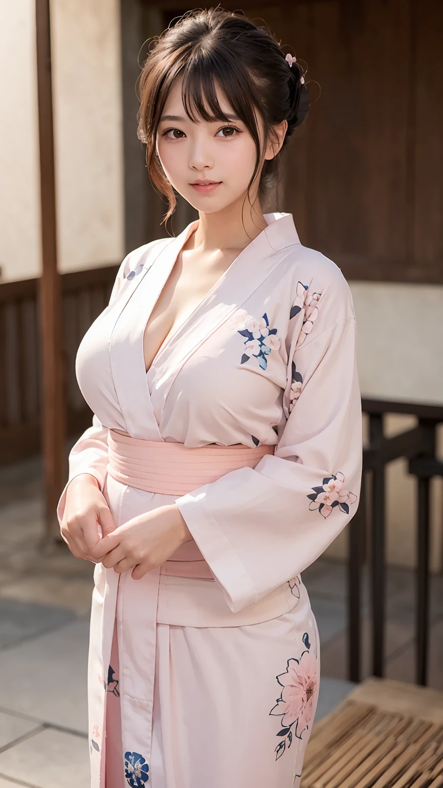 (One Girl), exremely cute face, Great face and eyes, (Highly detailed eyes, Highly detailed face), Fresh, Very beautiful appearance, (超Realistic, High resolution), (highest quality:1.4), RAW Photos, (Realistic, Photorealistic:1.37), Professional photography, (Pale pink floral yukata:1.5), (Open yukata), (Cleavage:1.2), (Exposing shoulders), smile, (Look at me), Bedroom, Portrait of a Girl  , (Huge breasts)