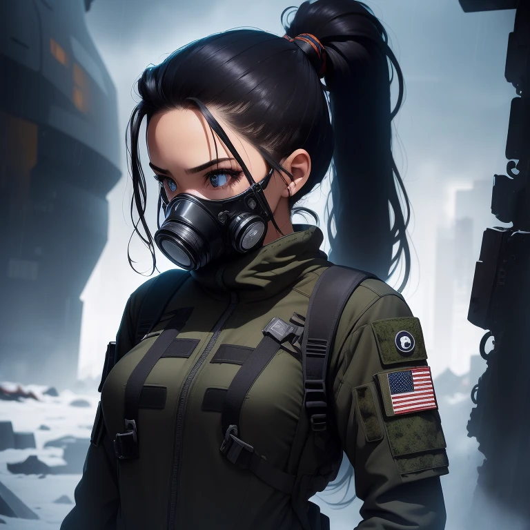 Against the backdrop of (((destroyed spaceship))), (((night sky))), with (((tactical atmosphere))), radiating a sense of sharpness and seriousness, (((woman with long, black hair tied in a high ponytail ))), dressed in a futuristic ((gas mask)) and (((rusty military suit))), her appearance exudes an otherworldly, grotesque quality that emits an (atmosphere of horror) amidst the pouring rain