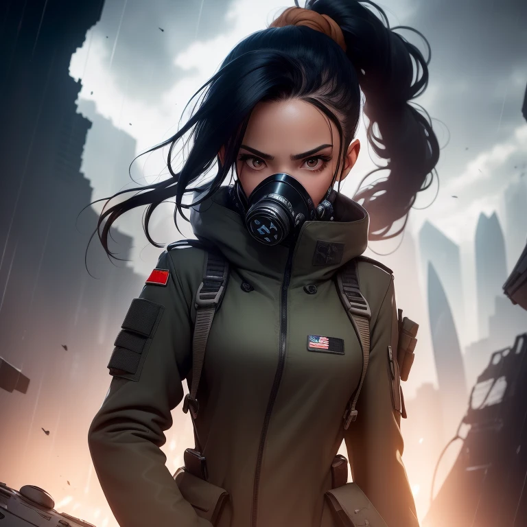 Against the backdrop of (((destroyed spaceship))), (((night sky))), with (((tactical atmosphere))), radiating a sense of sharpness and seriousness, (((woman with long, black hair tied in a high ponytail ))), dressed in a futuristic ((gas mask)) and (((rusty military suit))), her appearance exudes an otherworldly, grotesque quality that emits an (atmosphere of horror) amidst the pouring rain