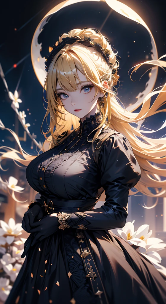masterpiece, high quality, 4K, Beautiful design, silhouette,blonde, 非常に詳細な夜のStarry Sky,Flower Field, wonderful, Finer details, Very knowledgeable woman, Highly detailed solo, 1 female,Big Breasts,Gothic Lolita Fashion,Night view,Starry Sky,full moon,