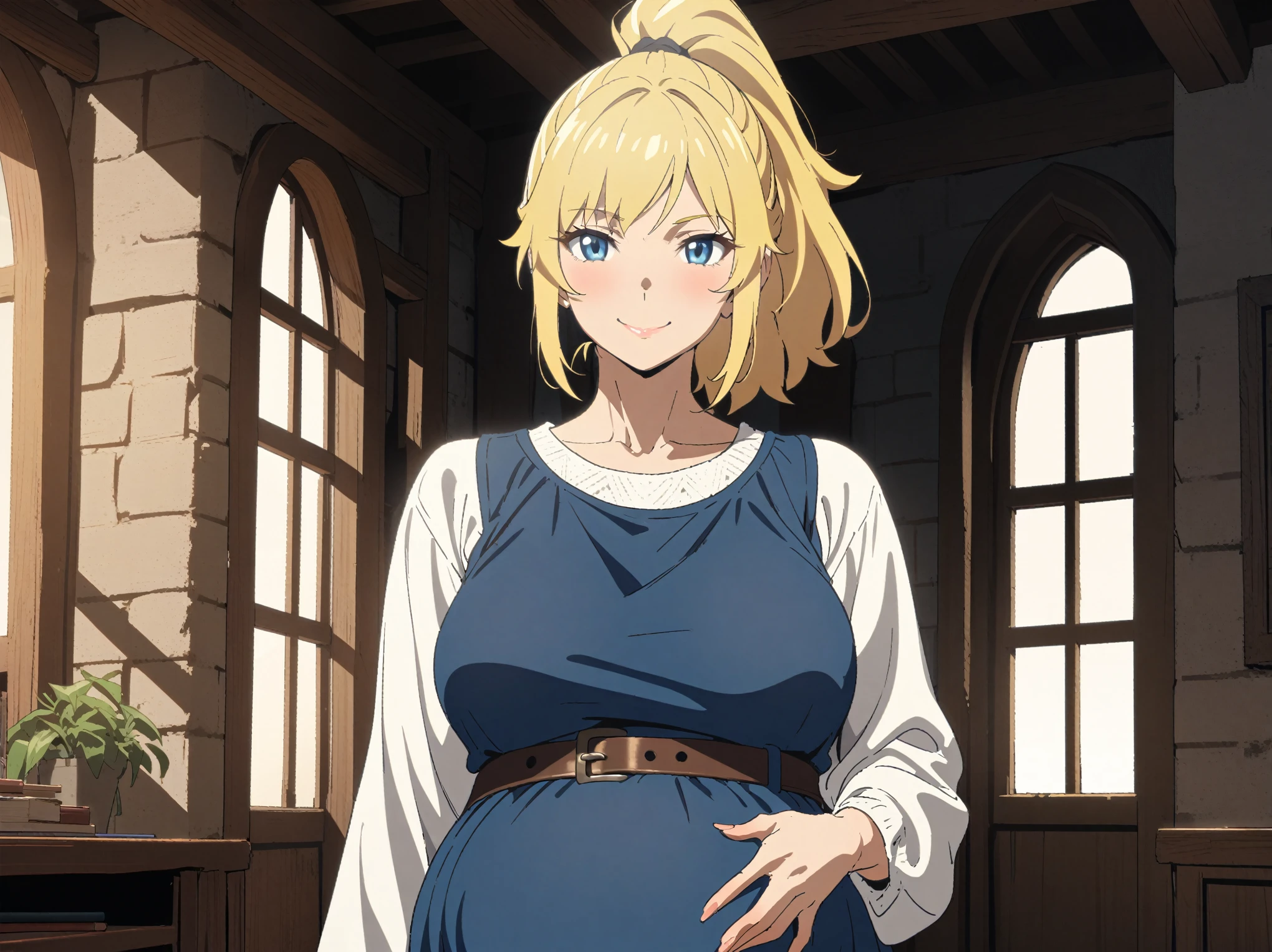 {{upper body, straight-on}} {{Artist: Sincos}} 1girl, solo, toned female, mature female, medium breasts, blonde hair, medium hair, short ponytail, high ponytail, blue eyes, lips, blue tunic, white sleeves, white pants, leather belt, smile looking at viewer, pregnant, hand on belly, indoors, living room, looking at viewer, standing, medieval fantasy.
