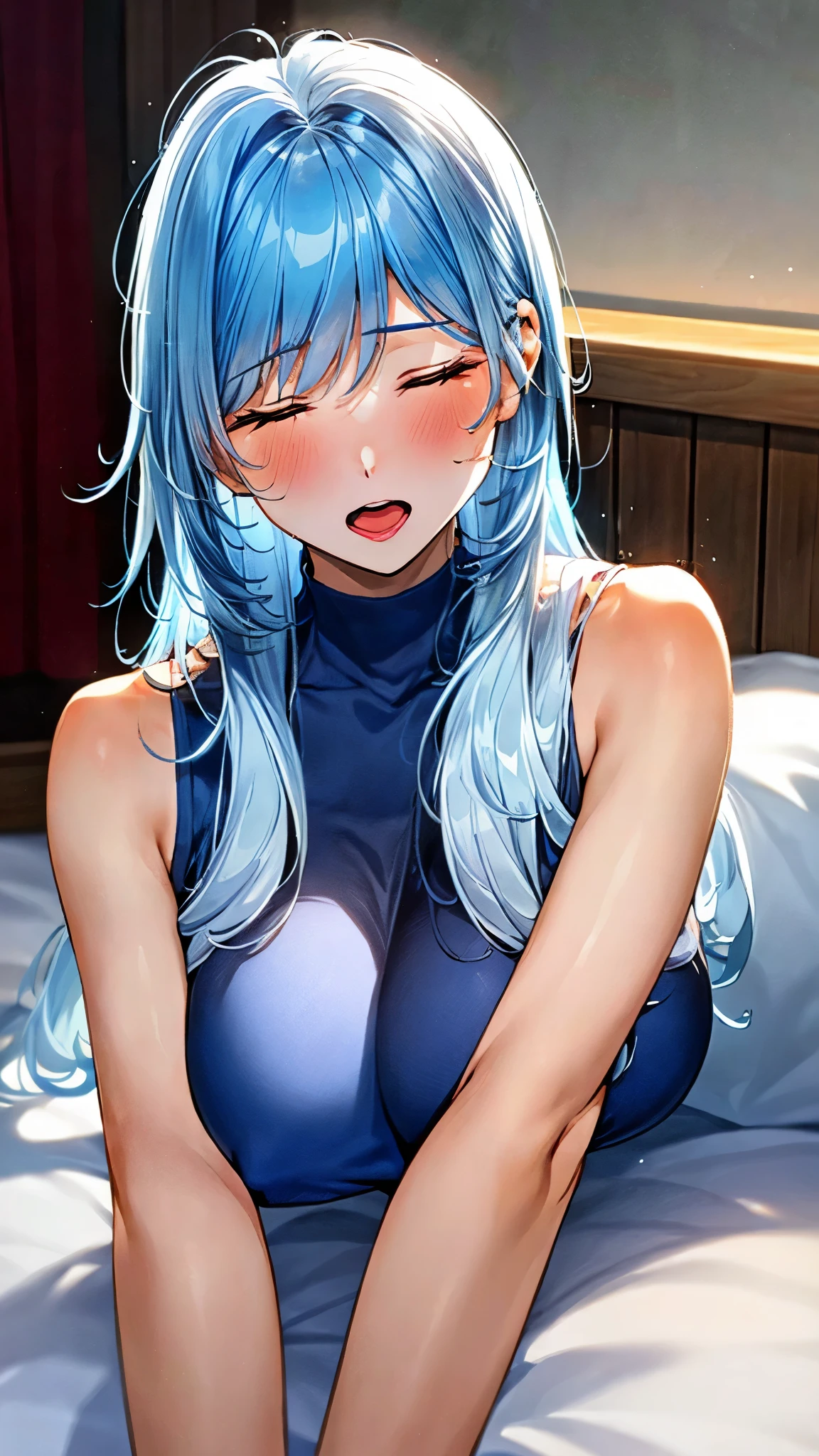 (SFW),birds eye view,(1 girl is sleeping on a bed:1.8,lying),(8k,masterpiece:2.0,anime:1.4,realistic,photo realistic:1.6,best quality, ultra high resolution, ultra-detailed,beautiful illstration,natural side lighting,movie lighting),((1 girl is 18 years old,slut,long hair:1.2,white blue hair:1.2,messy hair,gleaming skin,closed eyes,open mouth)),curvy,muscle,((perfect breasts,perfect breasts,perfect nipples,two huge breasts:2.0,sagging breasts,abs:0.8)),beautiful hear,beautiful body,perfect arms,perfect hands,perfect fingers,two arms,two hands,two regs,five fingers,