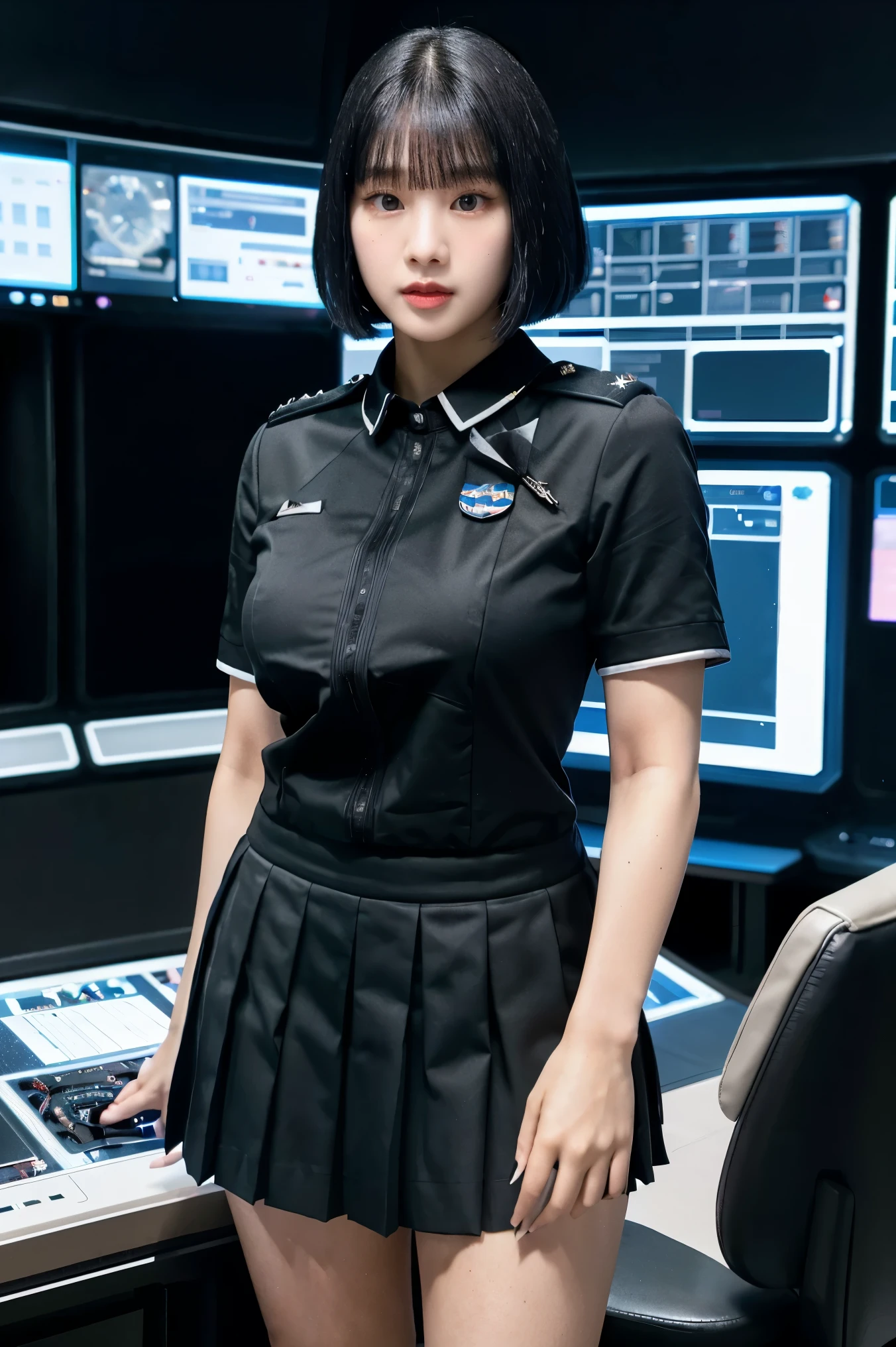 (highest resolution, distinct_image), best quality, masterpiece, highly detailed, semi realistic, a woman with short black hair, mature woman, triple bangs, black uniform, black pleated skirt, military uniform, spaceship space, control room, commander