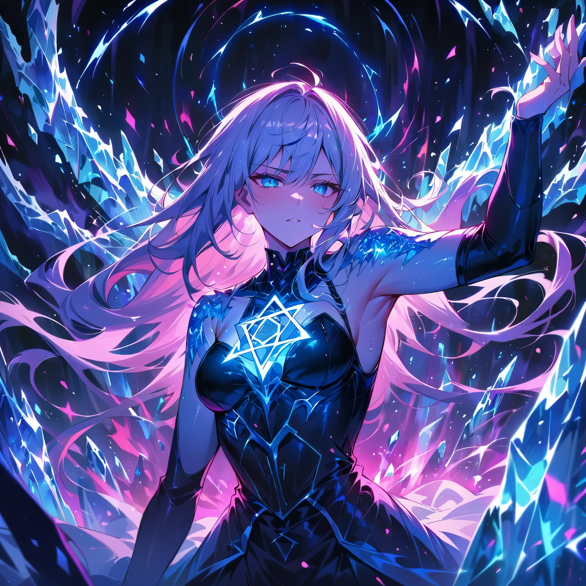 (best quality, masterpiece:1.2), ultra-detailed, Cuvry Pose,Dynamic Action, long flowing hair, ice armor, blue electric arc hexagram magic circle background, magical effects, detailed magic circle, detailed hexagram, thick breath mist, Surrealism, 4k, 8k, highres, best quality, highres, anatomically correct, textured skin,white,blue, ice bacground, white hair, pretty face,