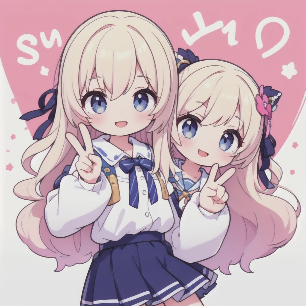 looking at viewer, 1girl, big eyes, long eyelashes, smile, skirt, peace sign,