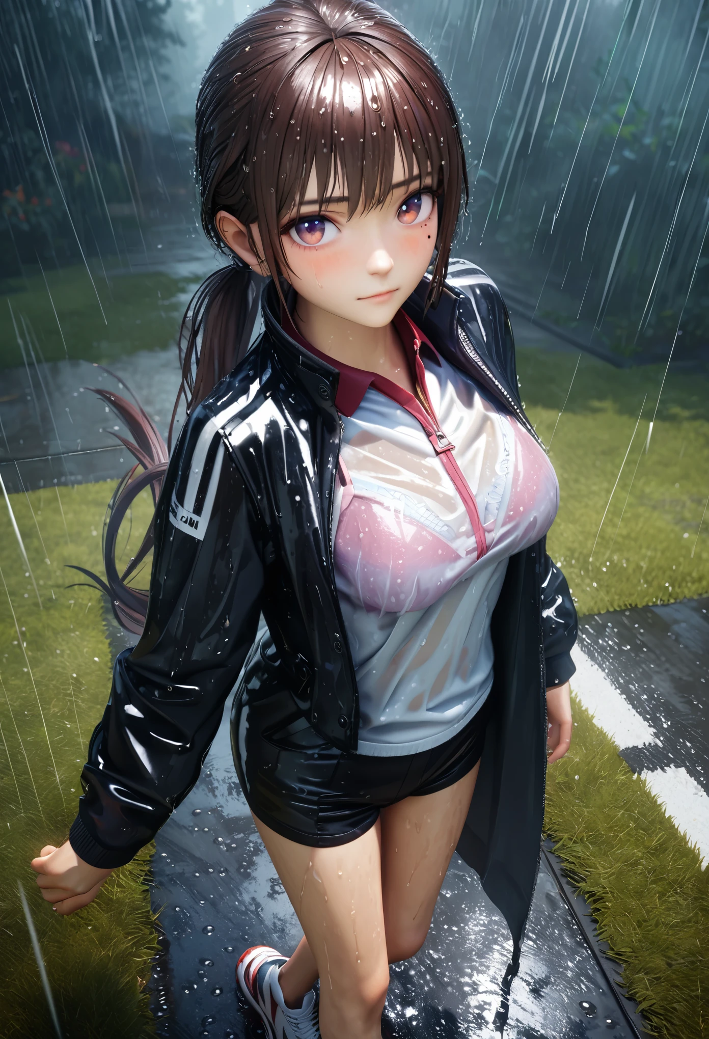 masterpiece, best quality, highly detailed, high resolution, expensive resolution, high resolution, 4k, 8k, Unity 8k wallpaper, highly detailed CG, masterpiece, 2d, 3d, beautiful details, depth, fine texture, best quality: 1.3, perfect focus, clear skin, him, rain, wet, wet clothes: 1.2 very cute anime girl, (bra visible through thin tennis uniform underwear coat  wet from pouring rain), big breasts, expensive twin-tail hair, one girl, rain, (raindrops dripping from wet hair, bra visible through thin tennis uniform underwear coat wet from rain, tennis shoes), mole under eye, looking at the viewer, expensive