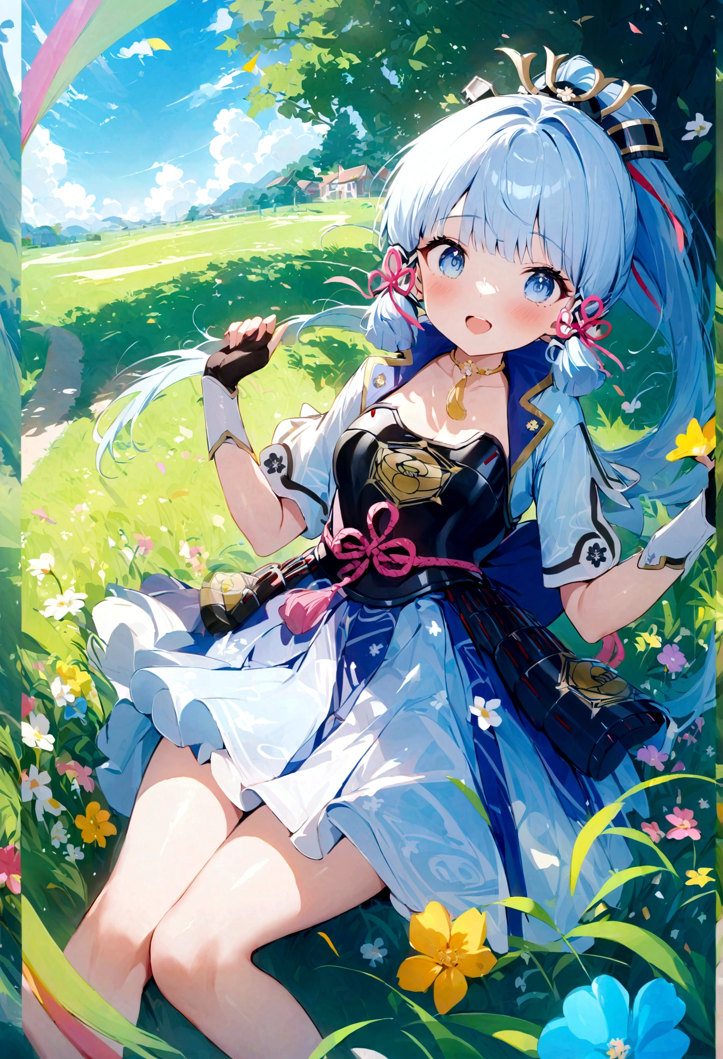 (best quality, 4k, masterpiece :1.3), Kamisato Ayaka，Spring morning，beautiful detailed flowers，Bright blue sky，Sparkling sunshine，Lush green grass，Winding grass path，Whimsical cloud shapes，Peeking through the branches of the sun，color palette，Happy scene，Artistic interpretation，Magical and charming scenery。