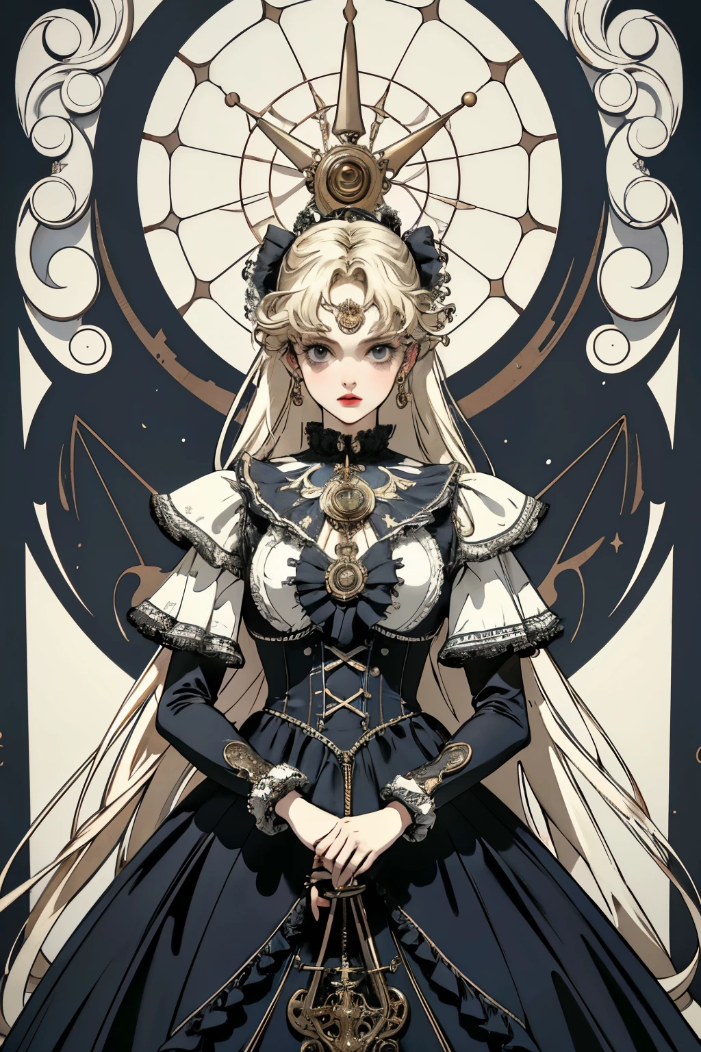 ((best quality)), ((masterpiece)), (detailed), perfect face ((best quality)), ((masterpiece)), (detailed), blank white background, plain background, white background, Bloodborne inspired, occult aesthetic, occult, detailed and intricate steampunk and detailed gothic, (zentangle, mandala, tangle, entangle), NSFW, torn clothing, Very dramatic and cinematic lighting, cosmic horror, grim-dark, side-lighting, perfect face, a beautiful goddess adorned and enshrined in armour, Bloodborne inspired , occult aesthetic , occult , detailed and intricate steampunk and detailed gothic , holding a spear or lance, NSFW, Fluttering lace flared short dress with frilly petticoats, knee length dress, pleated petticoats, ta dress, petticoats gothic loliside-lighting, gothic lolita aetic, beautiful small breasts, small breasts, full body, whole body, body, plain background, white background, blank background, no background, white background NSFW, full body, whole body, head-to-toe