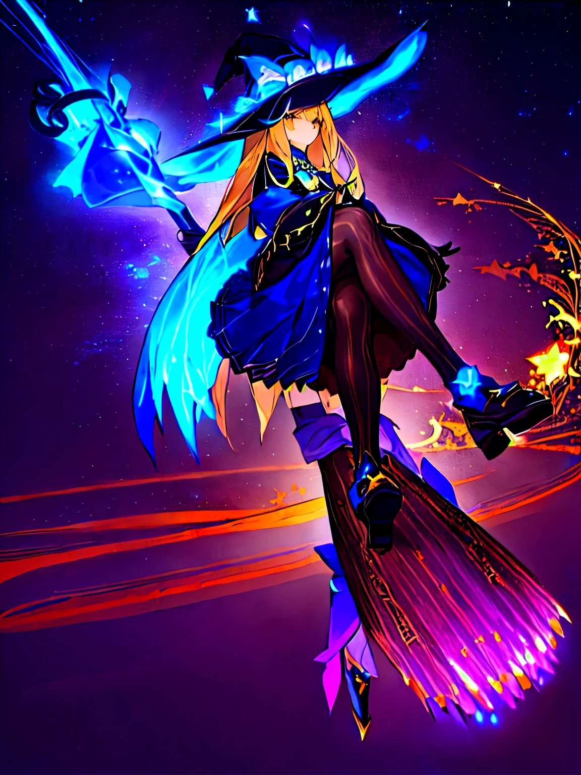 masterpiece,Perfect Face,witch flying on a broom with a cat and a cat on a broom, sky witch, Spell Casting Pose,  mechanized witch girl, astral witch clothes, Full body pose,  Azur Lane Style, かわいいwitch, bright witch, witch,Blonde,Long Hair