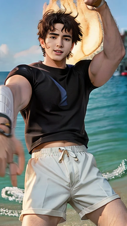 (Various poses)、Close-up shot of a bird looking up from below the ground、Rear facing buttocks emphasis、Realistically，Two cute 18 year old boys.Crotch adhesion，Wear a gray t-shirt、Wearing tight fitting shorts、Seabread，Beach，Selfie，Face Real，Face Zoom，swells a little