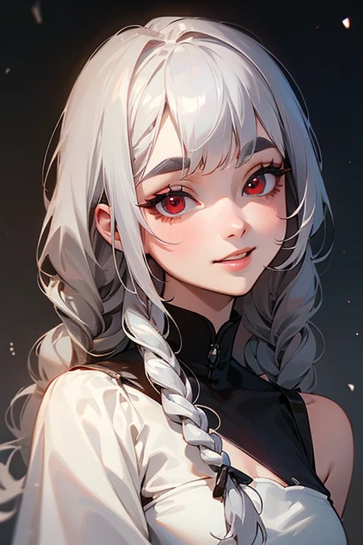 (highest quality, masterpiece:1.2), High resolution, 最高masterpiece、Very detailed, Realistic:1.37, Fantasy, An illustration,Gray Hair、 Red eyes、Queen, White Dress、beautifully、Eyeshadow Red、Thick eyebrows、Long eyelashes、pupils are black、shiny on the lips、Top Sites、Queen、Princess、A kind smile、Show your teeth a little and smile、Soft impression、people々々々Loved by、Slimming the face、Shoulder Bare、Sexy braids、Kissing Face、Long white hair、Shaggy Bangs、Watch the night sky、The image of the face remains the same、