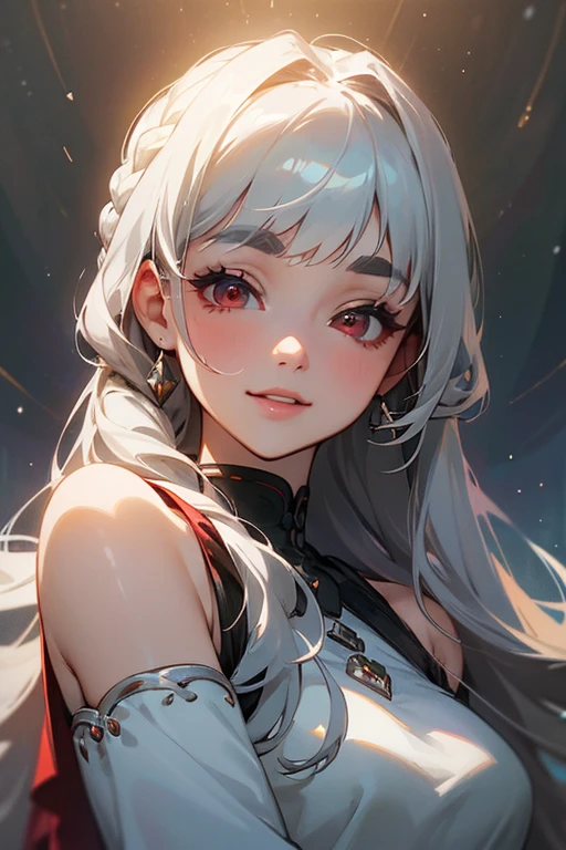 (highest quality, masterpiece:1.2), High resolution, 最高masterpiece、Very detailed, Realistic:1.37, Fantasy, An illustration,Gray Hair、 Red eyes、Queen, White Dress、beautifully、Eyeshadow Red、Thick eyebrows、Long eyelashes、pupils are black、shiny on the lips、Top Sites、Queen、Princess、A kind smile、Show your teeth a little and smile、Soft impression、people々々々Loved by、Slimming the face、Shoulder Bare、Sexy braids、Kissing Face、Long white hair、Shaggy Bangs、Watch the night sky、The image of the face remains the same、