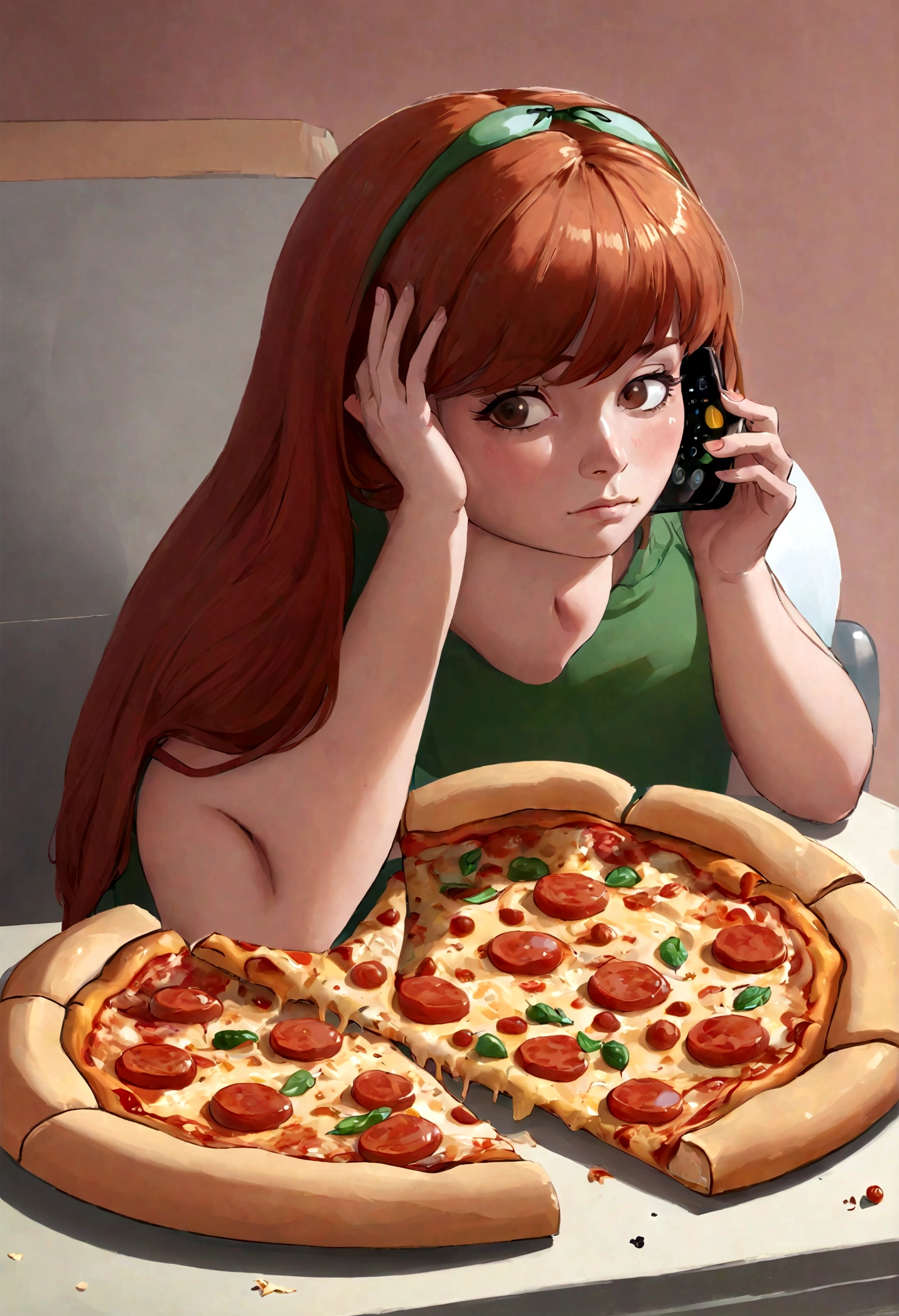 uma mulher obesa sentada mechendo no celular, cercado de comida, comendo uma fatia de pizza, com um olhar triste no rosto
