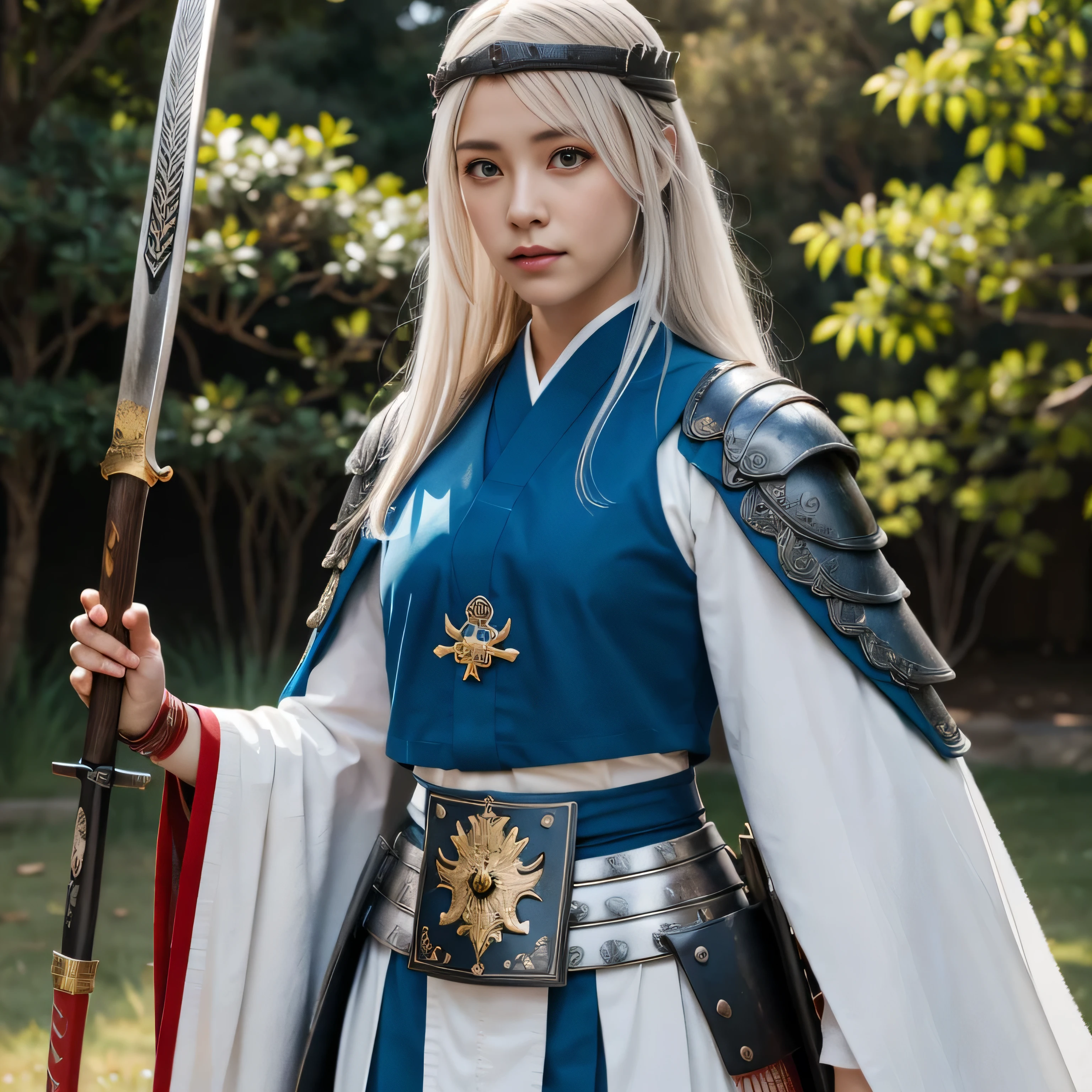 photorealistic, masterpiece, photorealistic, high resolution, soft light, hips up, blue eyes, white hair, long hair, Intricate details EABA, cloaks, spear, Samurai, Japanese Armor, warrior, samurai helmet