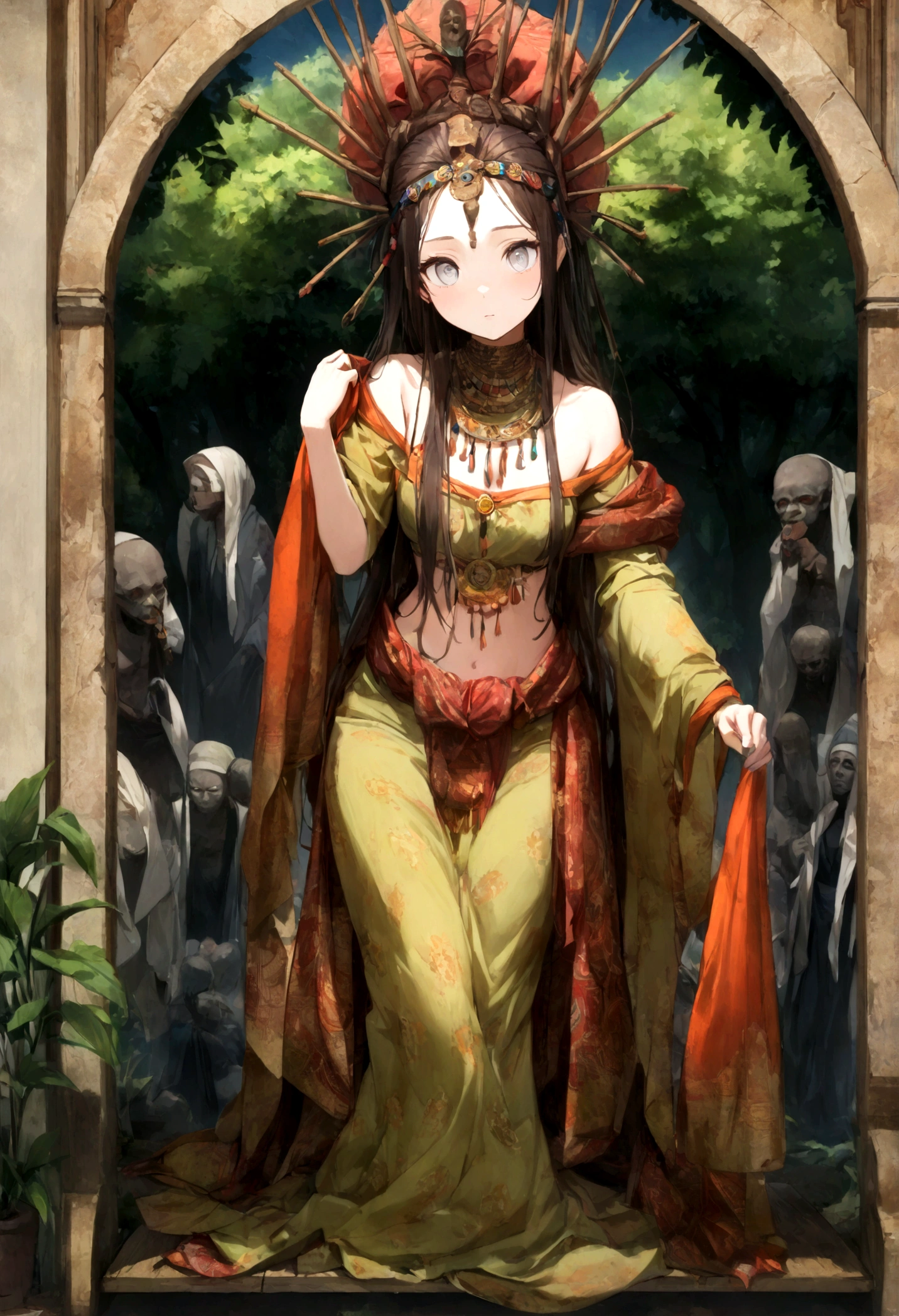 (((young girl))) best quality, ultra-high resolution, 4K detailed CG, master piece,Papa legba,Girl,trees,voodoo ritual,African clothing, Voodoo mythology, ((girl with white eyes)), African image , aesthetic, screen-centric, full body