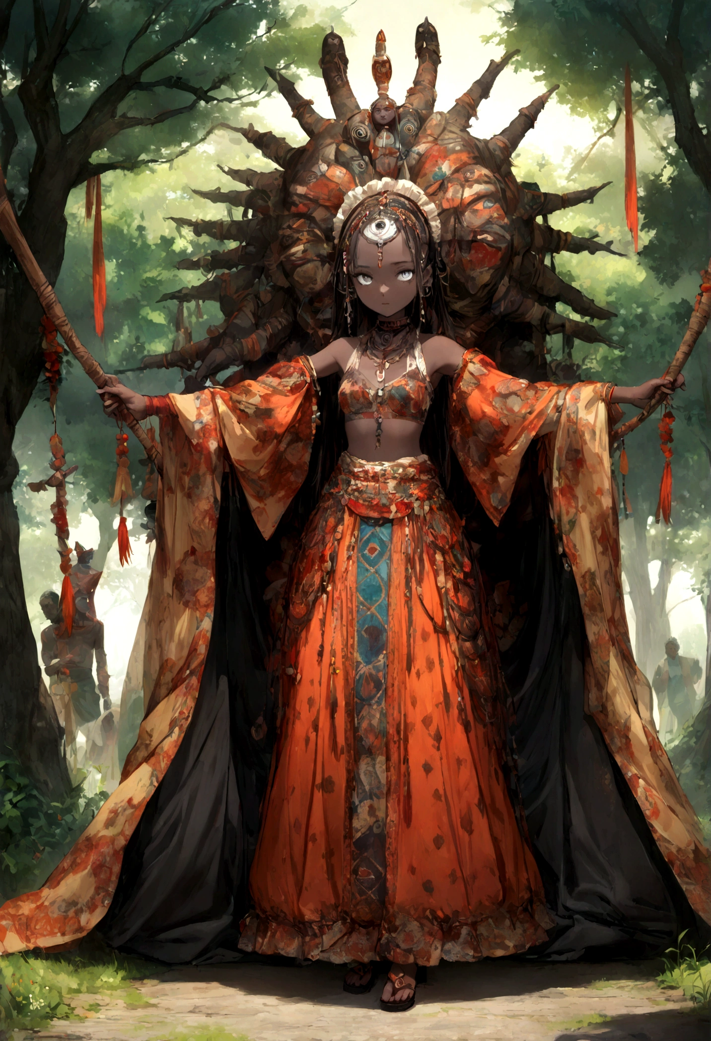 (((young girl))) best quality, ultra-high resolution, 4K detailed CG, master piece,Papa legba,Girl,trees,voodoo ritual,African clothing, Voodoo mythology, ((girl with white eyes)), African image , aesthetic, screen-centric, full body