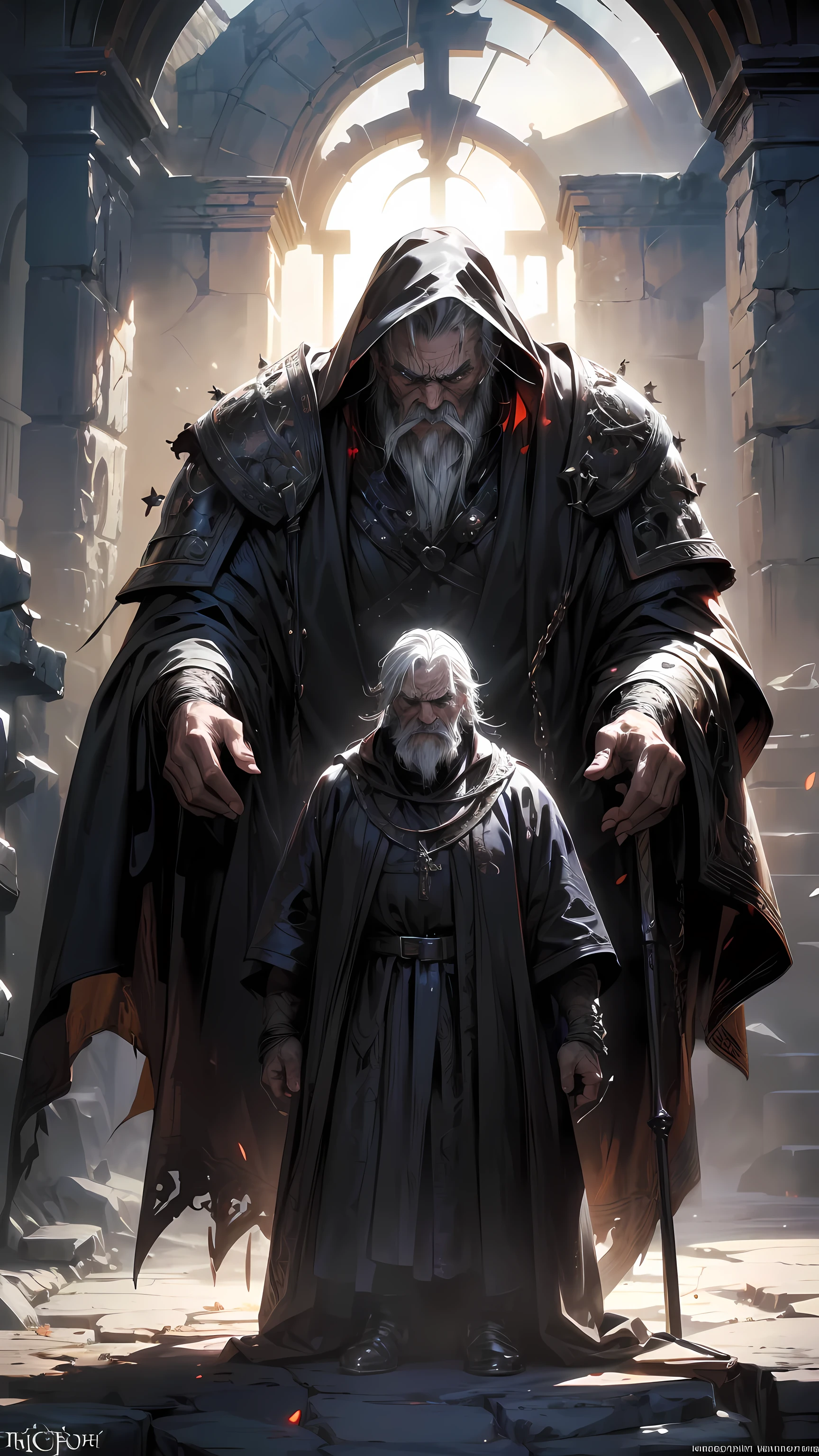 Style by Style-Crypt Award-winning epic oil painting,Depiction of an elderly medieval male peasant, (Angry expression:1.2), sinister, evil, (Backlight:1.3), number, concept art, Smooth, Clear focus, Rule of Thirds, Dark Fantasy,Intricate details, Artworks by Aleksi briclot, Medium shot, (Shallow and deep:1.3)
