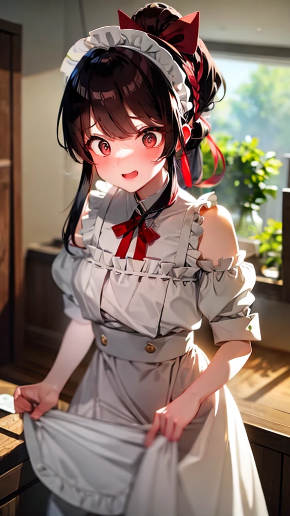 adulto, Cabello negro ondulado, mirada penetrante con ojos profundos de color rojo, estatura promedio, Silky hair with a ponytail hairstyle collected with a red bow with two white lines, tiene pechos medianos, primer plano, session, standing in the middle of his room [[[Risa malvada]]] , Sonrojada, muslos grandes, maid, sirvienta  