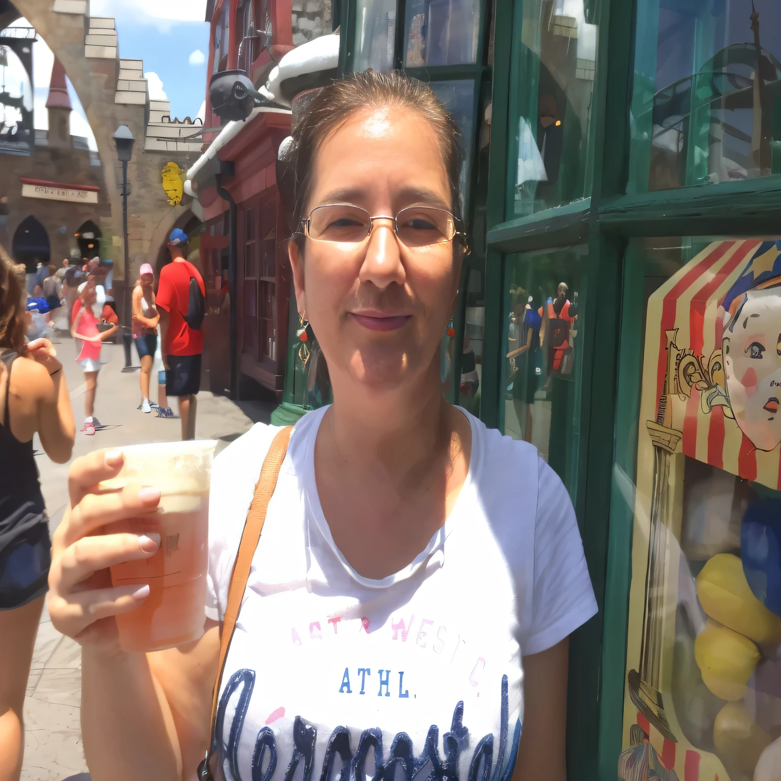 woman holding a cup of coffee in front of a store, she wears harry potter glasses, holding a beer!!, holding the pint of ale, with a drink, holding a drink, vacation photo, drinking a strawberry iced latte, holding a tankard of ale, very silly looking, holding a mug of beer, 2 0 yo, 20yo, holding beer
