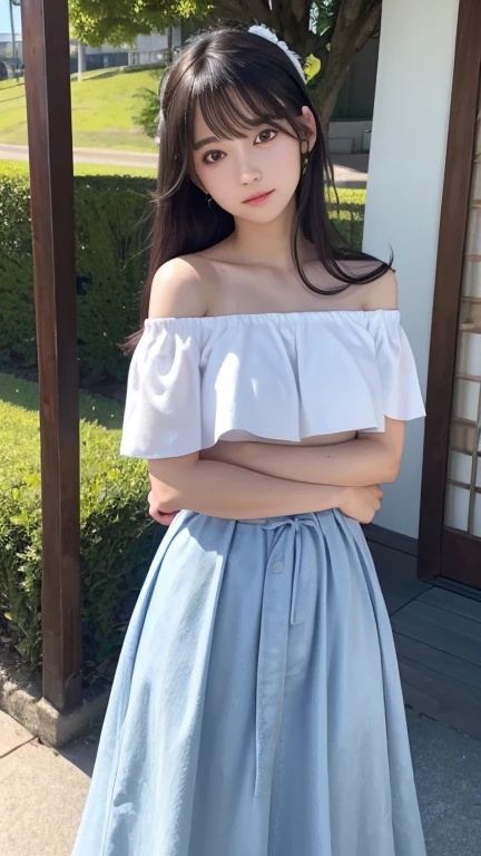 full body angle,Put your arms behind your back、8K、Detailed Description、Very high definition、Realistic、reality的、Real、live-action、reality、High resolution、Nogizaka46、japanese idol,beautiful girl、21 years old、Dark brown eyes、sunny、blue sky、Under the blazing sun、amusement park、light smile, closed mouth,off-shoulder-tops,pastel colour、Long skirt、Long Hair、Headband、Very black hair、pretty girl、Beauty、Glowing Skin、Glowing Skin、Shiny Hair、Hair blowing in the wind、Very white skin、Heavy makeup、Large Breasts、Slit eyes、Big Eyes、Double eyelids、Young face、Don&#39;t show your teeth、Looking up、Bend over and peer at me、Top view