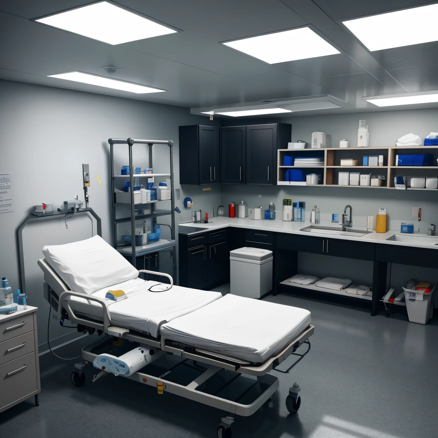 a medical emergency trauma training room, hyper realistic, detailed medical equipment, hospital bed, steel gurney, oxygen tanks, medical supplies, IV drip, first aid kits, trauma training mannequin, intense dramatic lighting, realistic medical textured surfaces, high quality 8K, photorealistic, cinematic, dramatic mood