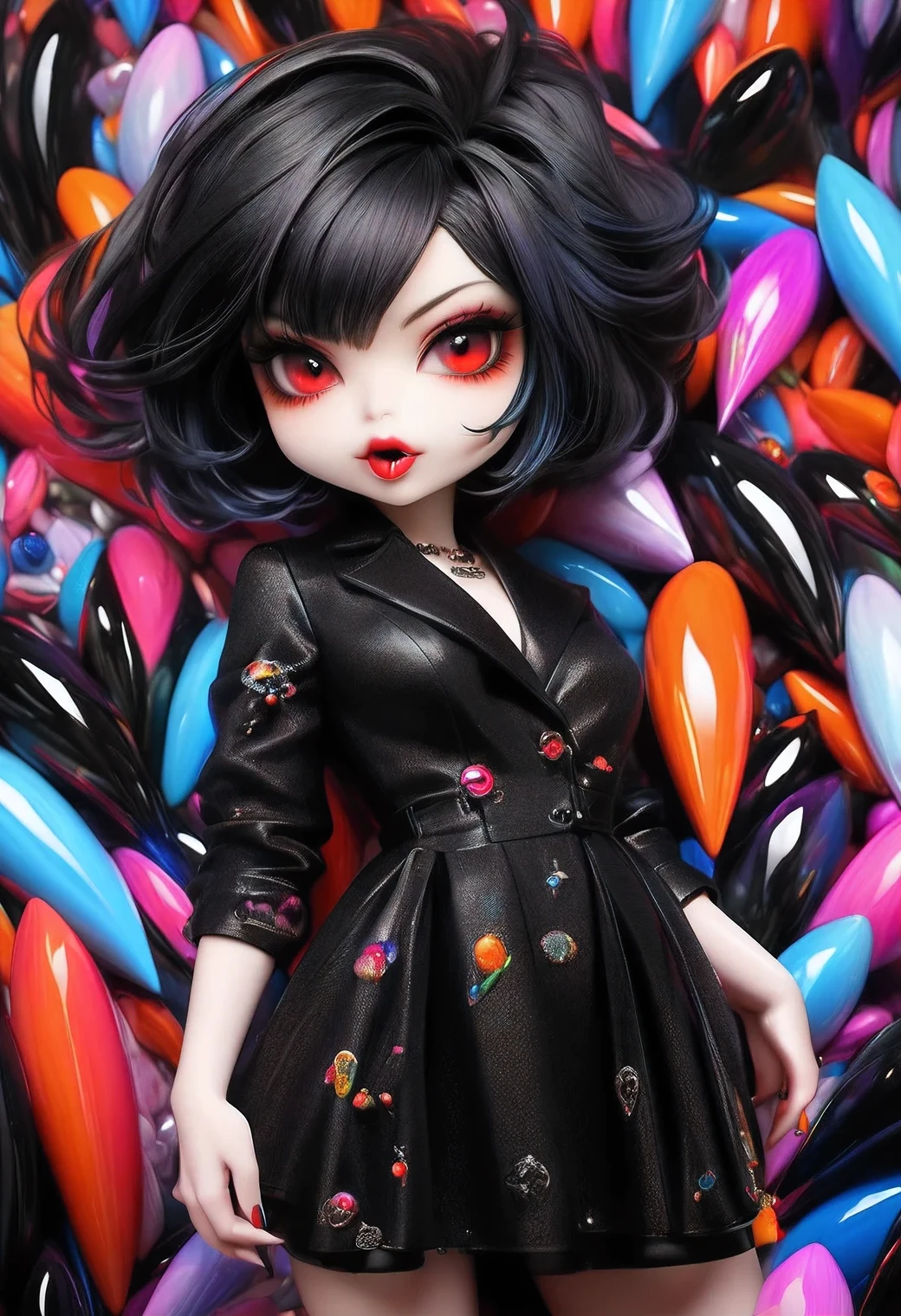 gothic style, masterpiece, highest quality, 16k, unbelievably absurd, very detailed, perfect beauty, beautiful vampiric cute girl(chibi:1.2) with pointy fangs, in a beautiful pose, jet black hair, modern sauvage bob hair, through bangs, vibrant colors,raw photo, portrait