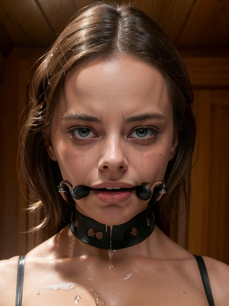 Margot Robbie, (bdsm, bondage, drool dripping, drool dangling) cleavage, 8k, realistic, slave, medium breasts, choker, sexy bra, drool on chest, wet, drooling, drool dripping from chin, hands tied behind, drool all over face, lots of drool, perfect body, smooth skin 