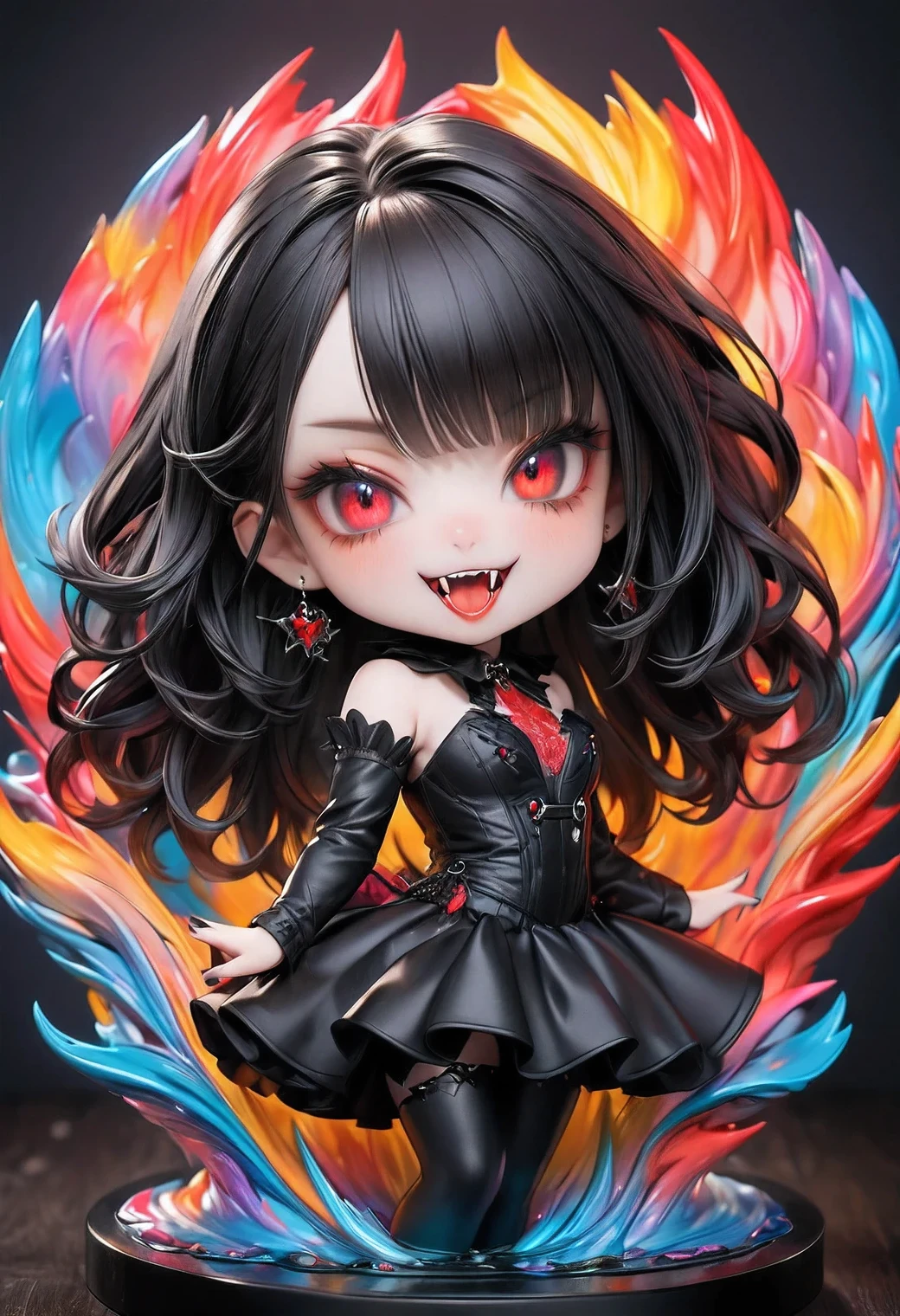 gothic style, masterpiece, highest quality, 16k, unbelievably absurd, very detailed, perfect beauty, beautiful vampiric cute girl(chibi) with pointy fangs, in a beautiful pose, jet black hair, modern sauvage bob hair, through bangs, vibrant colors,raw photo, portrait, ultra-realistic face:1.8