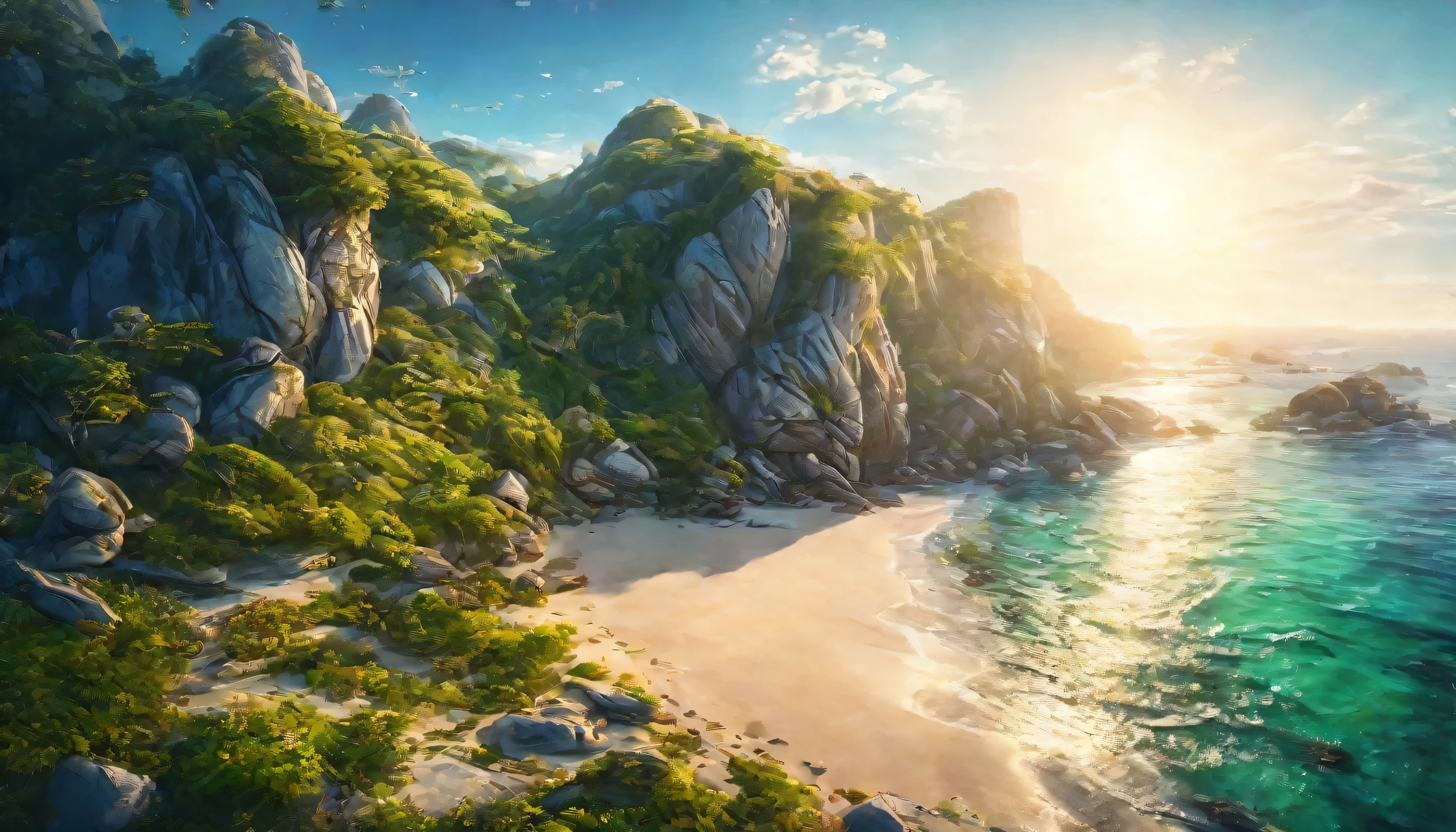 a bird's eye view of a tranquil coastline, bright sunlight, sparkling waves, crystal clear water, sandy beach, lush vegetation, rocky cliffs, picturesque landscape, cinematic lighting, serene atmosphere, breathtaking scenery, photorealistic, highly detailed, 8k, ultra-detailed, masterpiece, dramatic lighting, vivid colors, volumetric lighting, natural beauty, realistic, photo-realistic