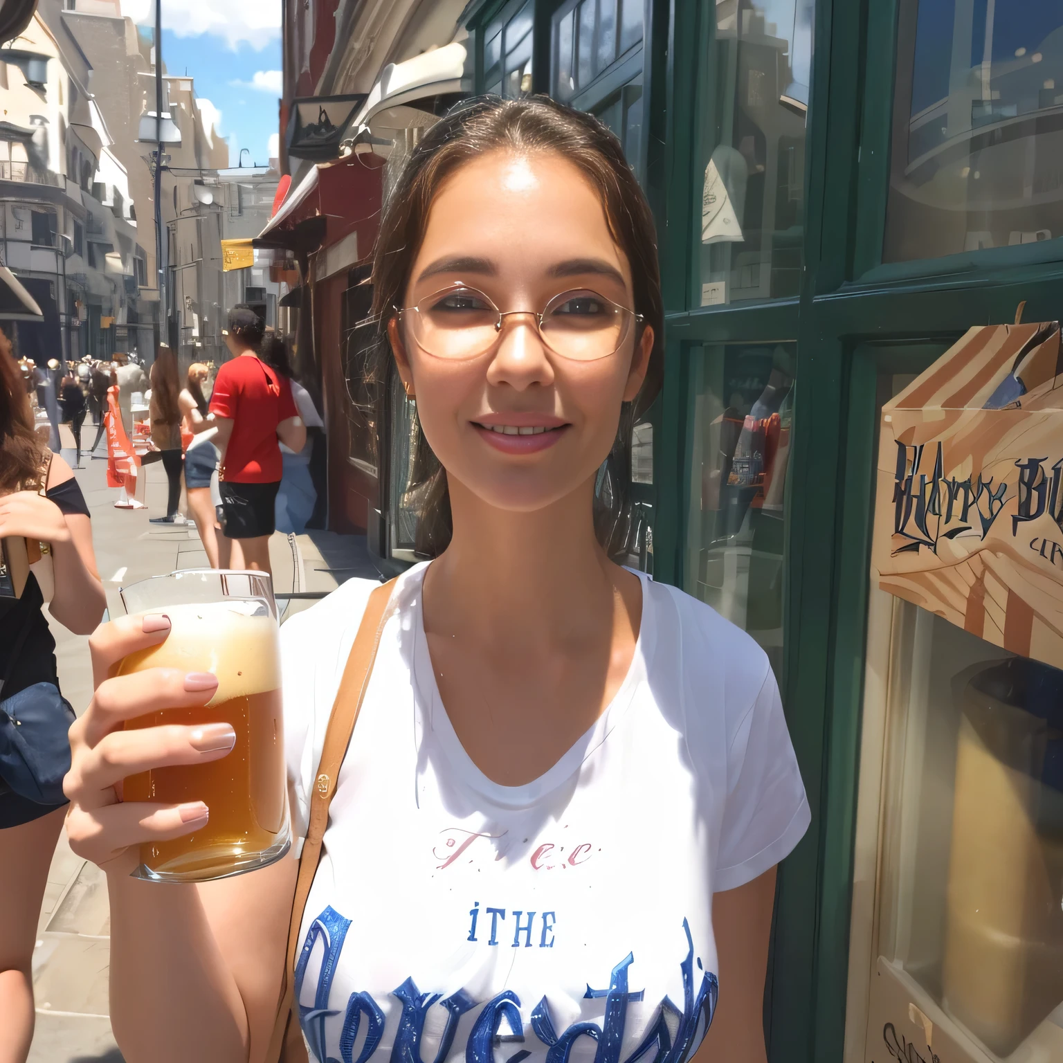 woman holding a mug of Harry Potter butterbeer in front of a store, she wears harry potter glasses, holding a mug of beer!!, holding a mug of butterbeer, holding a drink, vacation photo, drinking, holding a mug of beer, very good appearance, holding a mug of beer, 40 years old, holding beer, lips with beer foam.

The woman is wearing a white t-shirt.

A beautiful Brazilian woman, with white skin, dark brown hair. She is around 40 years old, 165 cm tall and weighs 56 kg. Her body exudes glamor and her face is a definition of beauty. Slender body, thin waist. Highly realistic, hyperrealism, very elaborate skin. Clear photo, high resolution, high quality, masterpiece, 16K photo, high contrast, masterpiece, NUDE, NUDITY, NFSW.