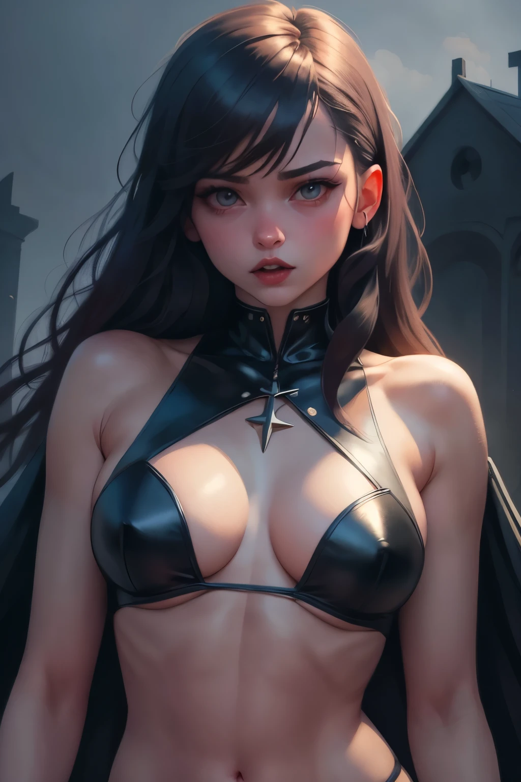 Digital Paint. (masterpiece, best quality:1.2) , solo, highres, best quality, Half body shot of a Vampire Girl , hot body, spike, in a gothic cemitery, at night, horror movie. high details, super detail, textured skin, masterpiece, UHD, 4K, 8k. ((Cinematic lighting)). Gothic cemitery background 