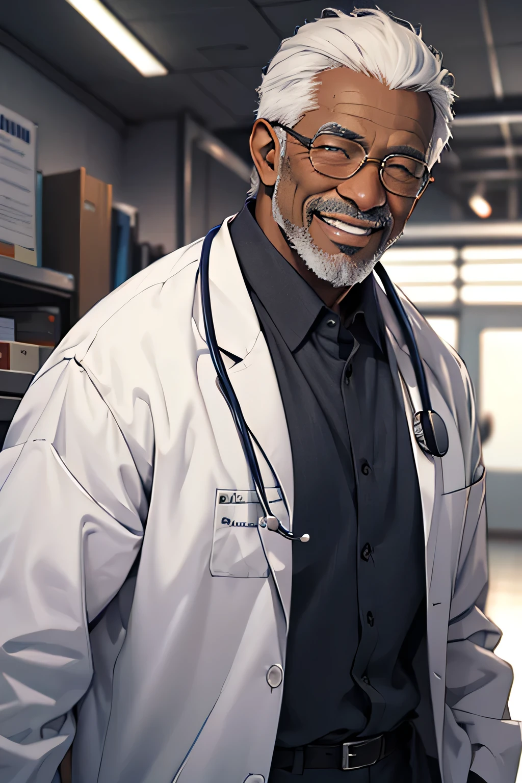 realistic photo, black old men doctor smiling, view full chest and head