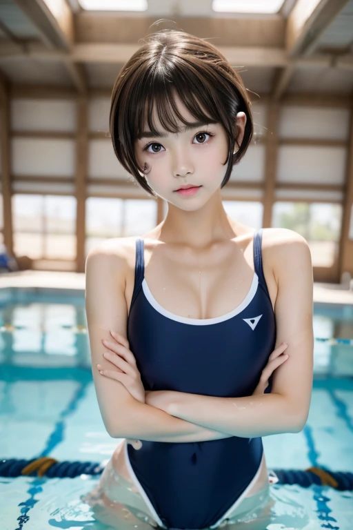 one girl, (a beauty girl, delicate girl:1.3), (************:1.3),((Wet school swimsuit)) (Navy blue school swimsuit:1.3),((Cute pose)) ,Very detailedな明瞭さ, (Symmetrical eyes:1.3), (School swimming pool, indoor:1.3), ((Nipples get erect))、(Small breasts), ((mekosuji))、Brown eyes, ((Pixie Cut)), Brown Hair, girl,, (Eye and facial details:1.0),, (masterpiece, highest quality, Very detailed, Detailed face, 8k)