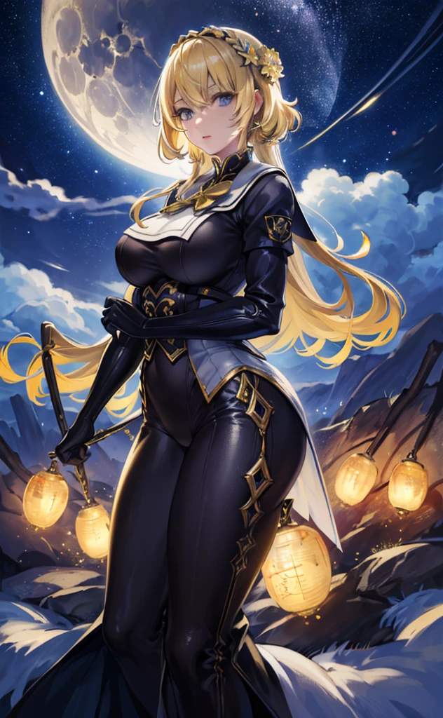 masterpiece, high quality, 4K, Beautiful design, silhouette，blonde， 非常に詳細な夜のStarry Sky,Flower Field， wonderful, Finer details,  Very knowledgeable woman, Highly detailed solo, 1 female,Big Breasts，Sailor suit，Night view，Starry Sky，full moon，