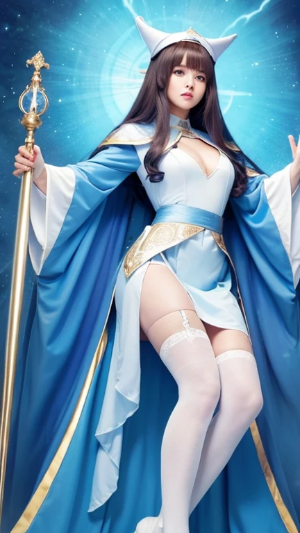 Female Pope,Light blue clothes,Have a magic wand,Hair color is brown、One leg is visible、Sister、Long Hair、whole body、Wizard,Female Popeのタロットカード