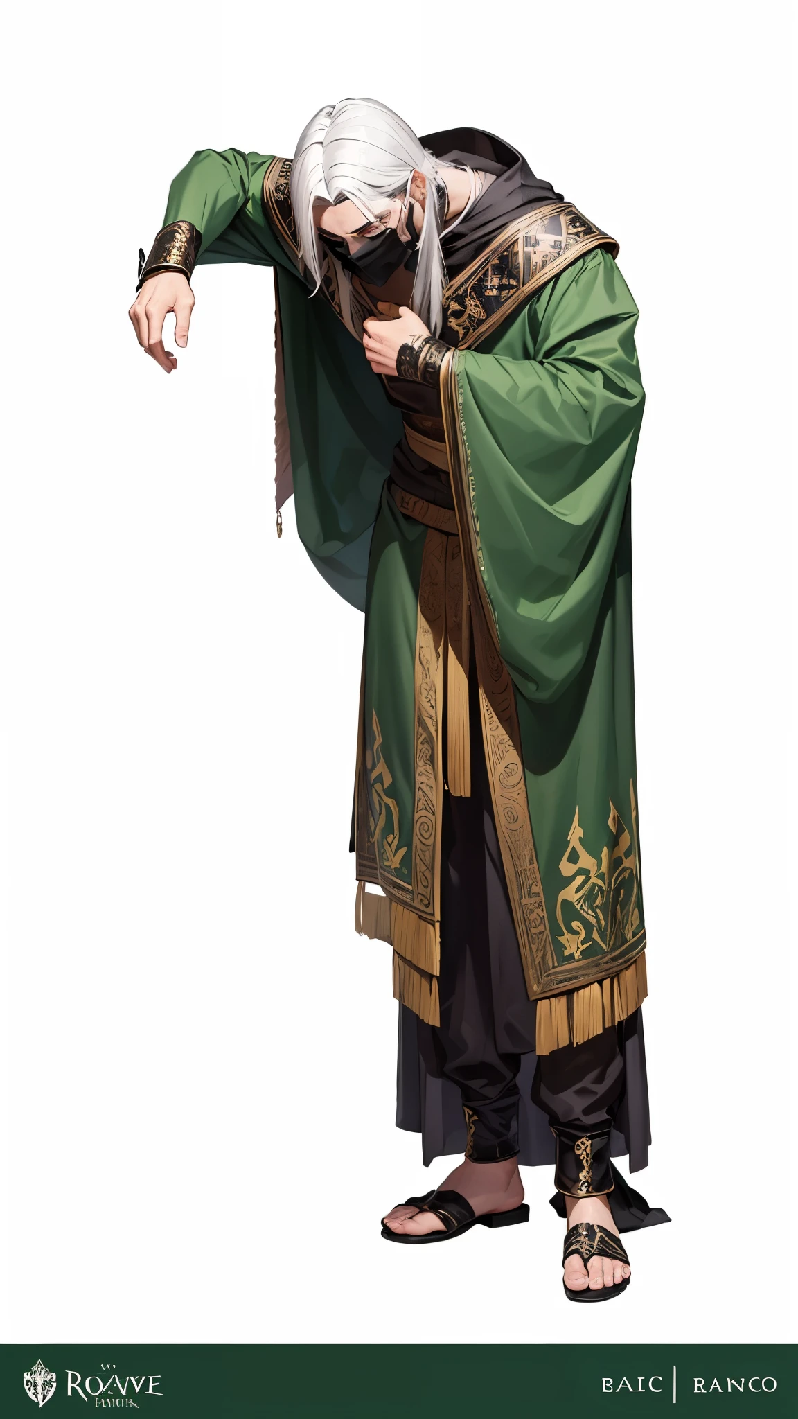 Roupas de eremita, estilo D&D, estilo medieval, roupas leves em verde e preto, homem cabelos brancos  longos. Roupas de combate,with black bracelets and a mask on their face 