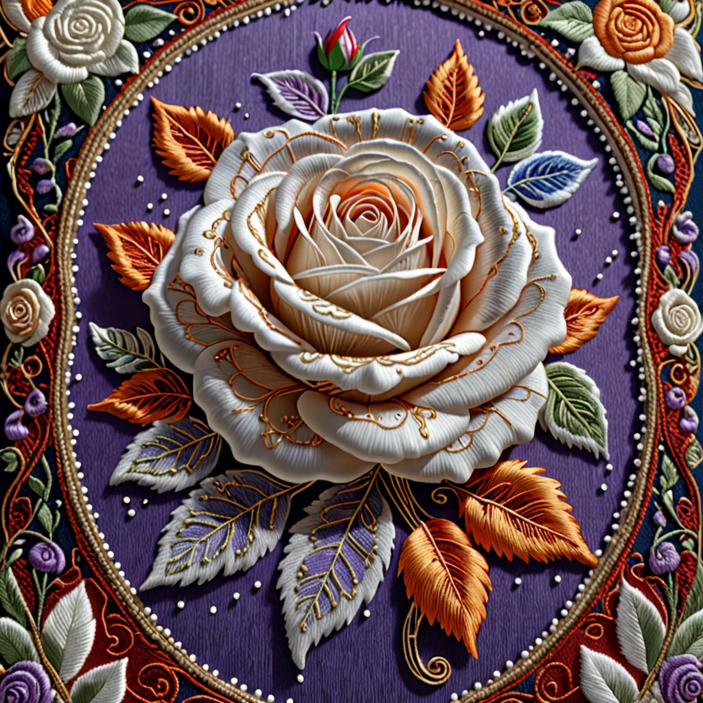 an Embroidered highly detailed white rose with intricate embroidery patterns, double stitching, silver and gold beads, vibrant creamsicle, red, white, blue, lavender, orange colors on an Italian bedroom design, award-winning digital art, 8k, photorealistic, extremely detailed, cinematic lighting, volumetric lighting, dramatic shadows, lush colors, elegant, ornate, luxurious, masterpiece, intricate complexity, stunning