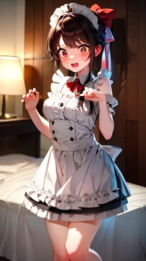 adulto, Cabello negro ondulado, mirada penetrante con ojos profundos de color rojo, estatura promedio, Silky hair with a ponytail hairstyle collected with a red bow with two white lines, tiene pechos medianos, primer plano, session, standing in the middle of his room [[[Risa malvada]]] , Sonrojada, muslos grandes, maid, sirvienta  